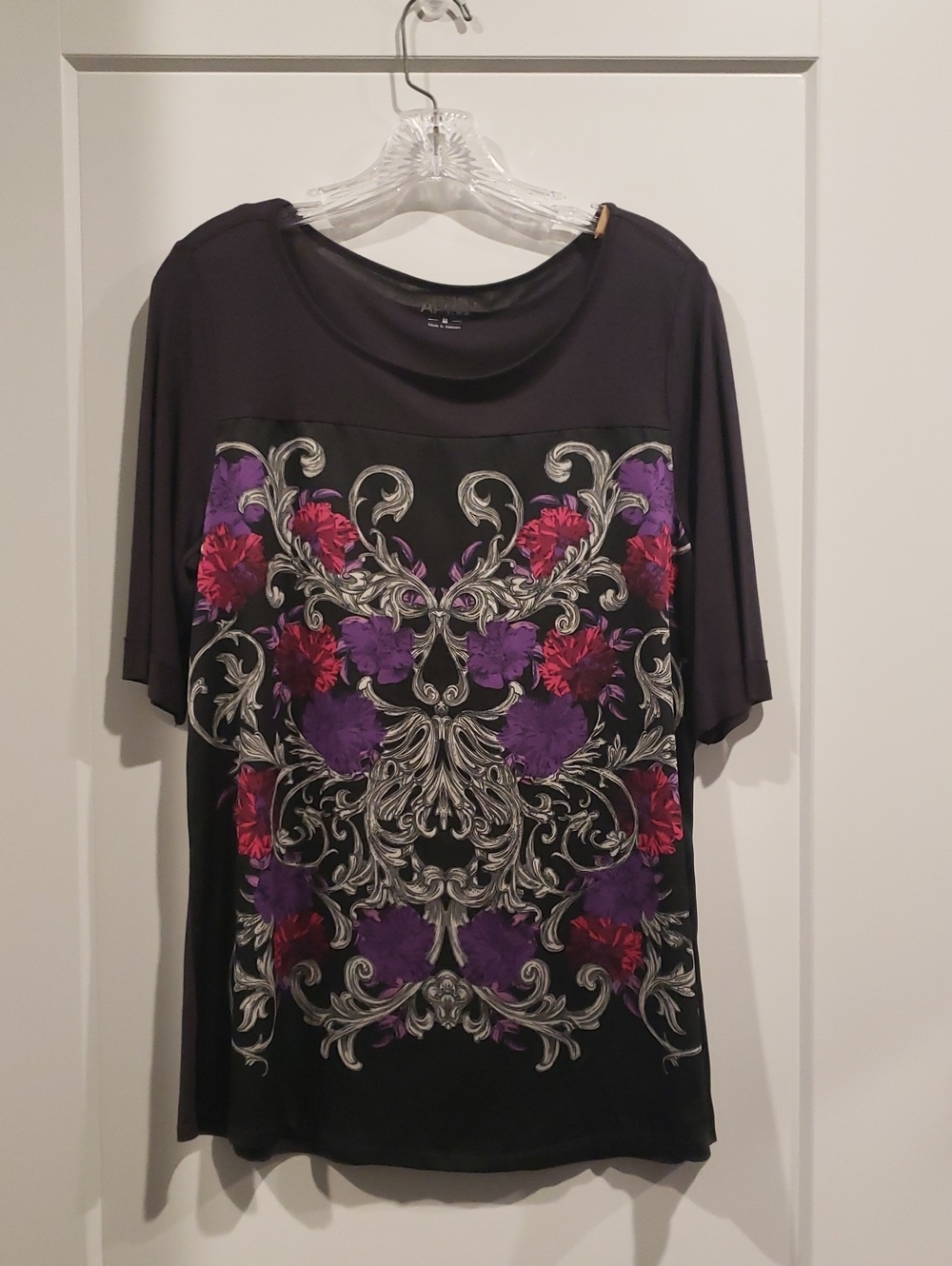 Apt 9 Black Top with Purple and Magenta Floral Scrolls - Short Sleeve